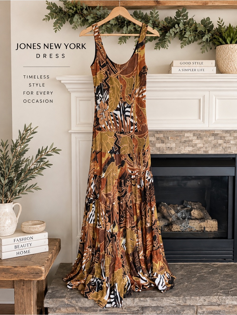 Jones New York Brown & Olive Leaf Print Maxi Dress